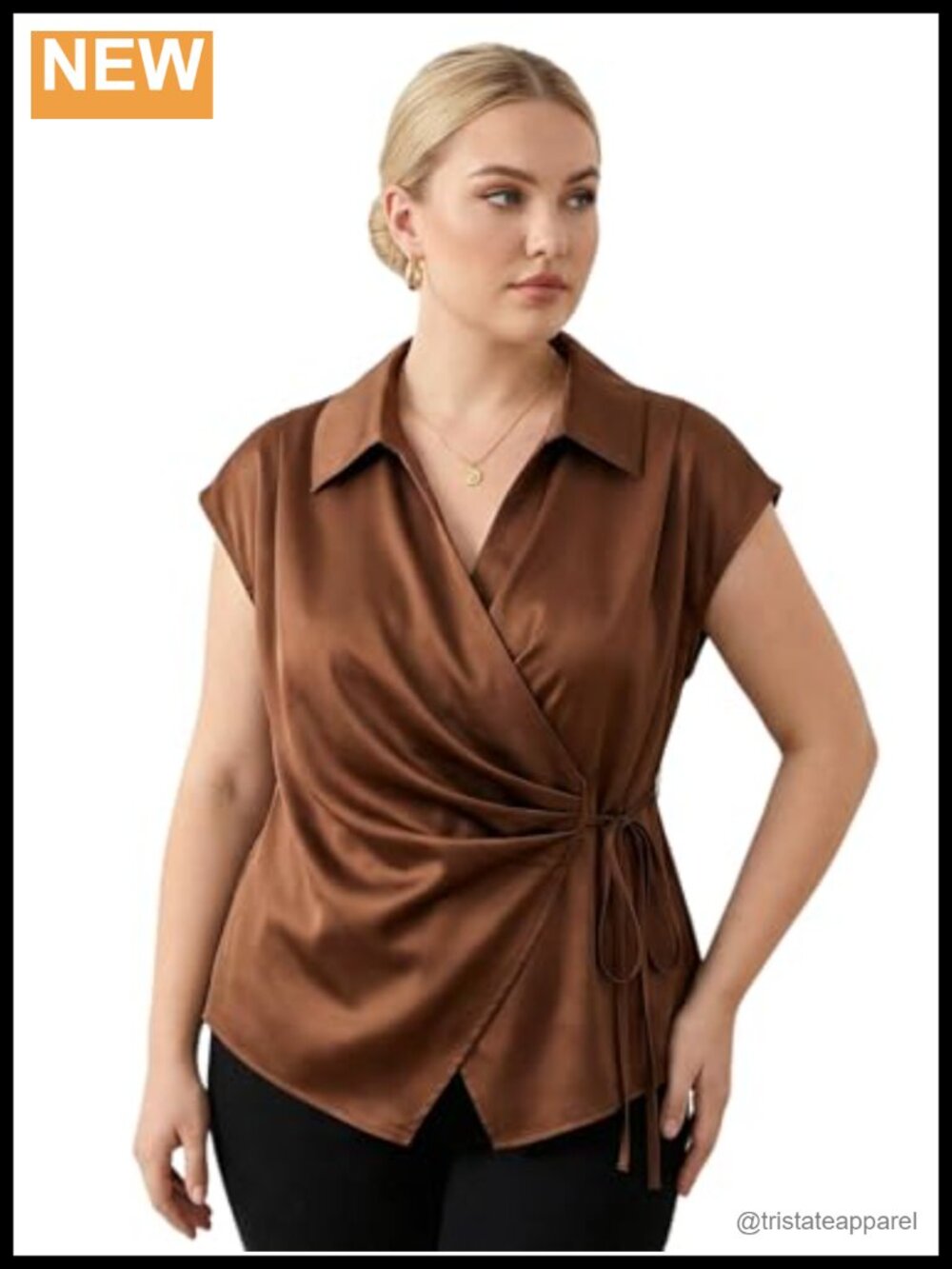 Plus Size Satin Wrap Blouse Ruched Tie Waist Collared V Neck Cap Sleeve